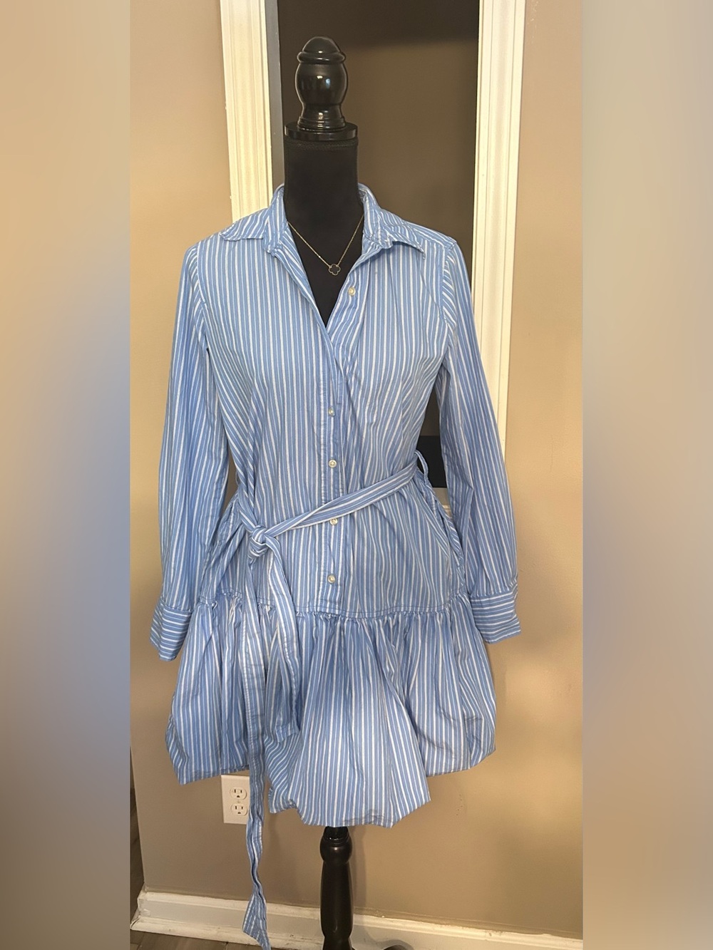 Striped Light Blue Button-Front Shirt Dress with Tie Waist